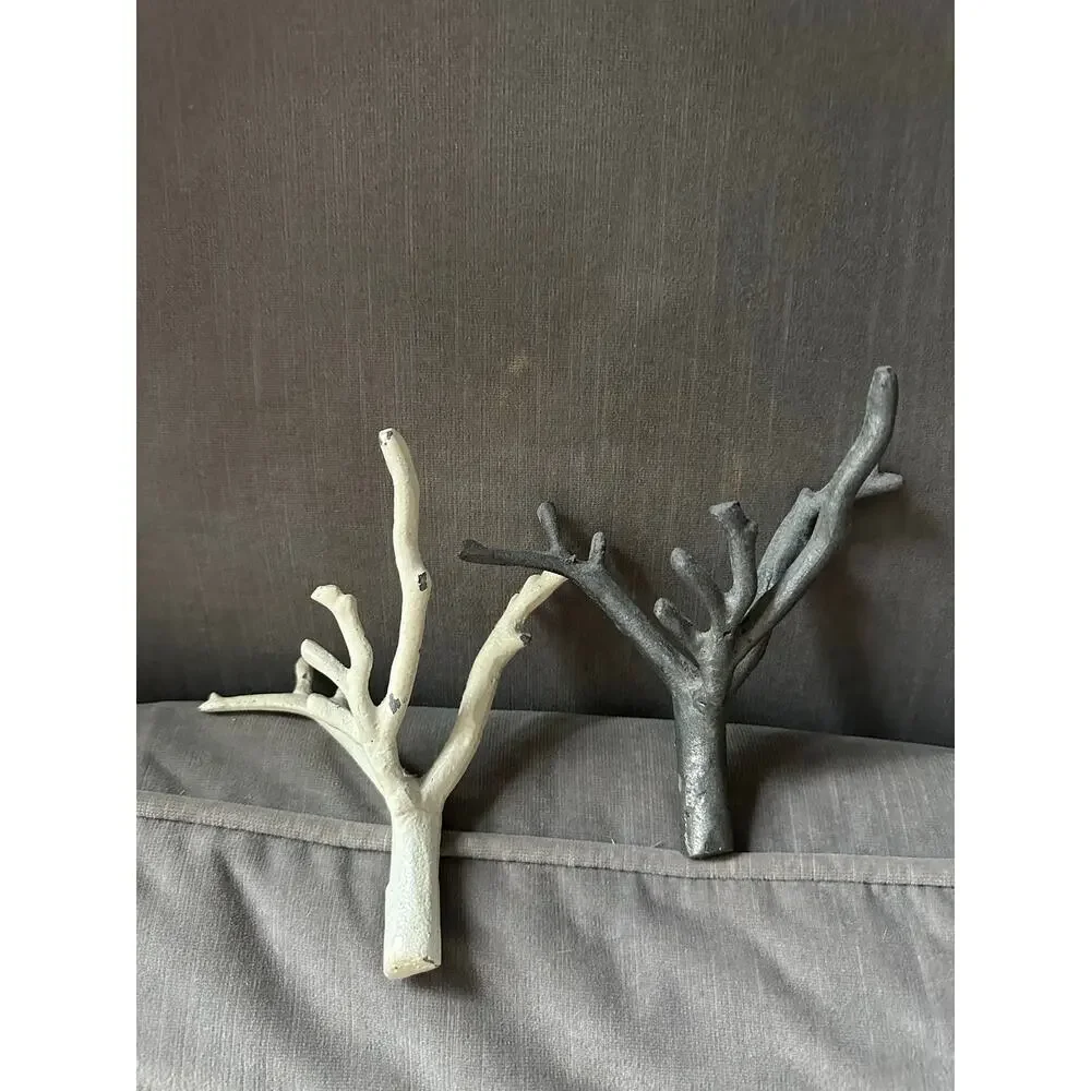 2 Tree Branch Wall Hooks Cast Iron Towel Hat Hanger white gray modern set